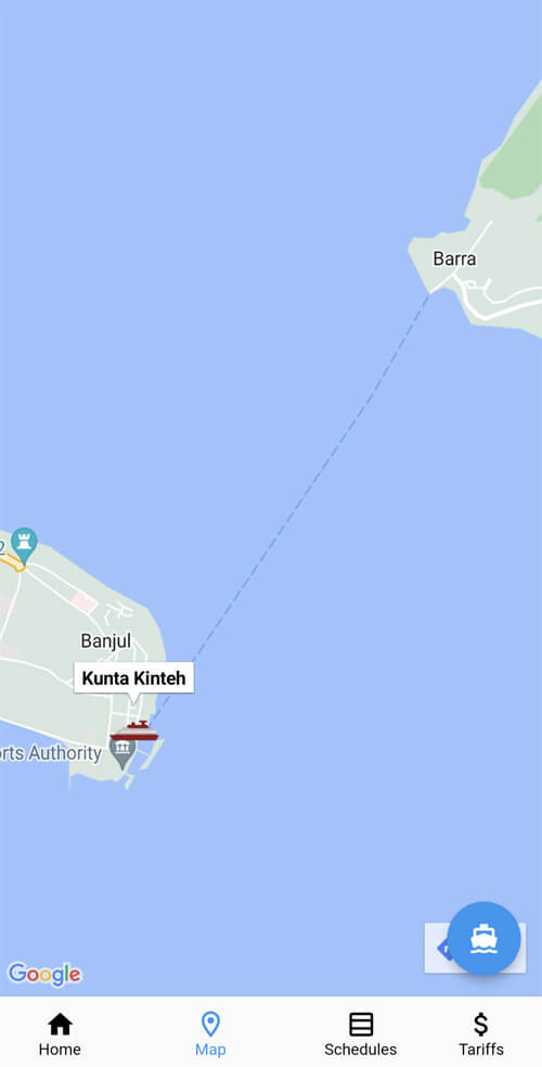The Gambia Ferry services app shows you where the ferries are at any given time